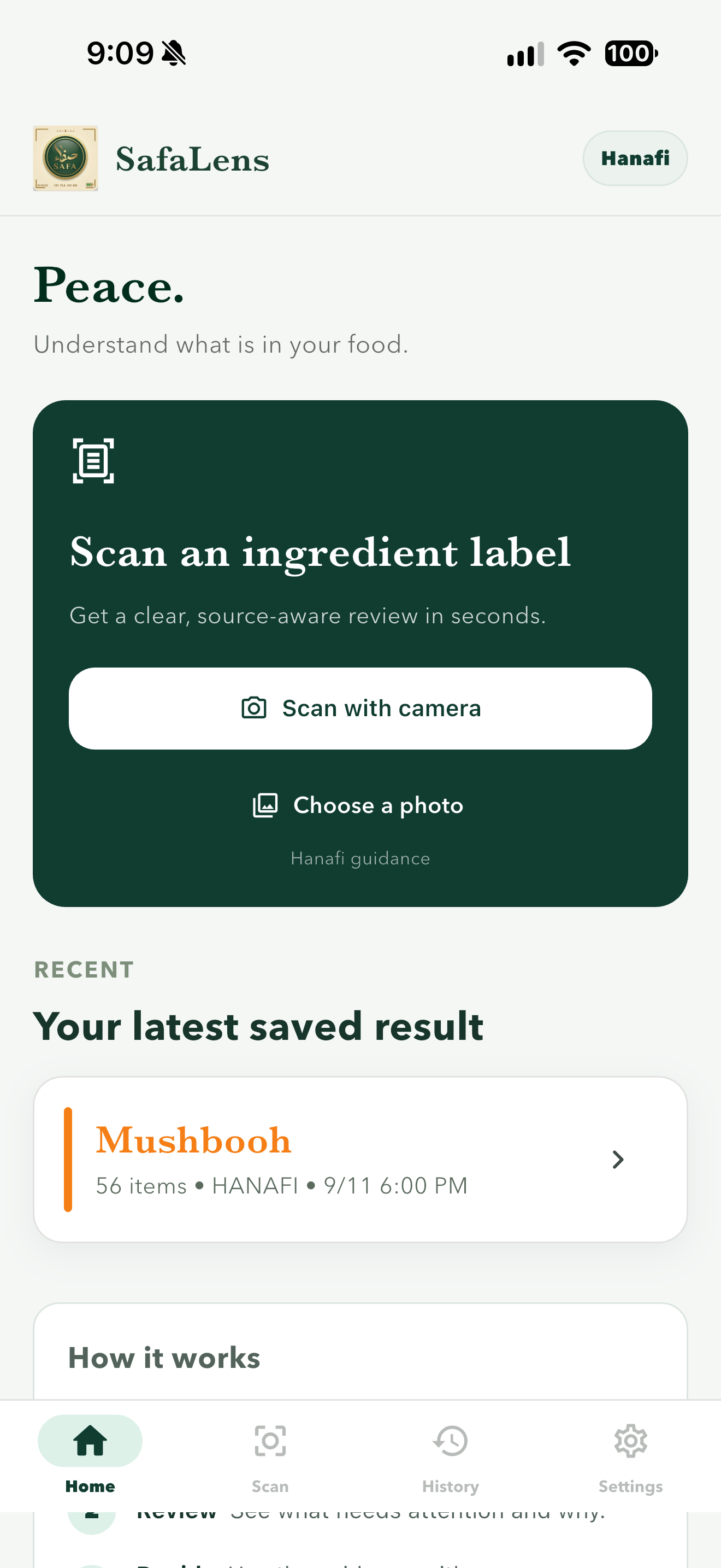 SafaLens Home screen with Scan an ingredient label options