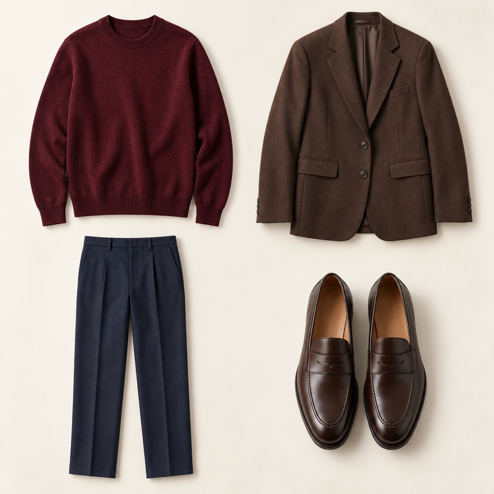 WearPilot capsule inspiration: burgundy knitwear, brown blazer, navy trousers and loafers