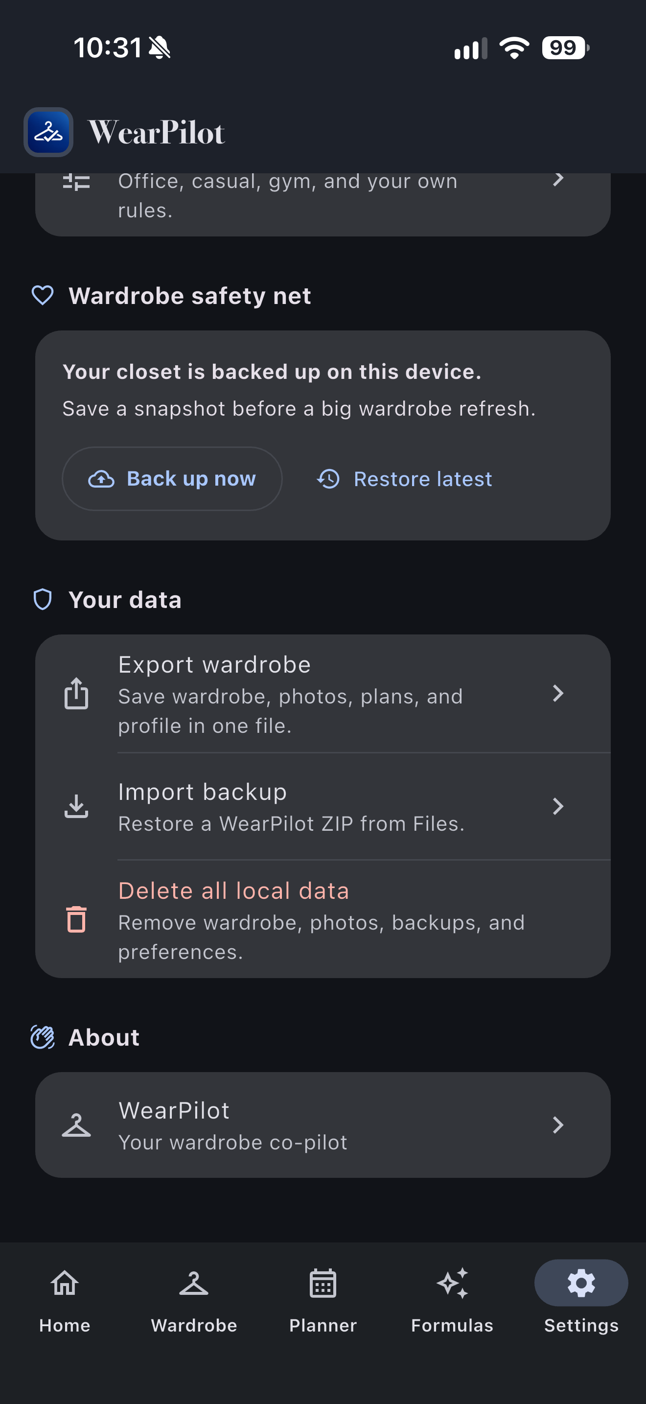 WearPilot data controls for local backup, export and restore