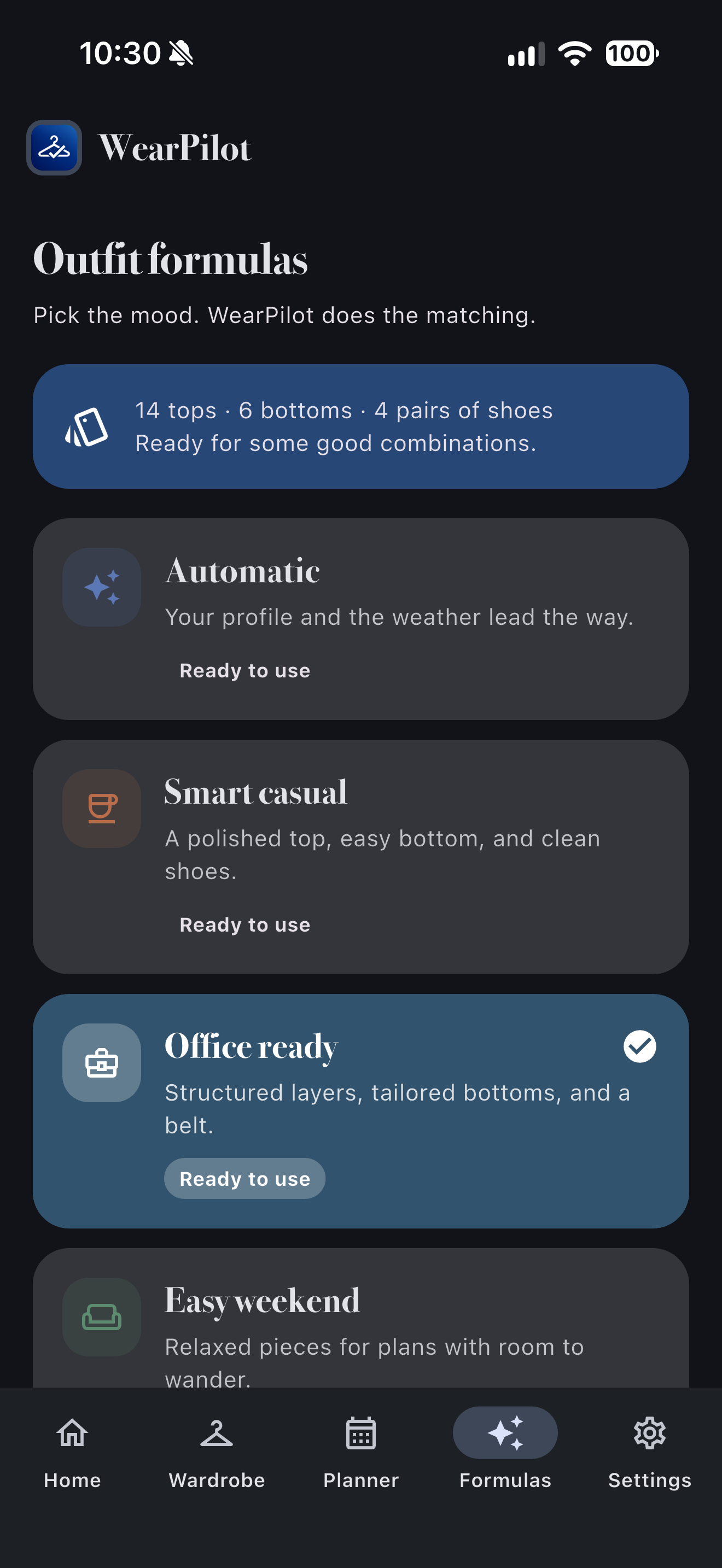 WearPilot Formulas screen with outfit profiles