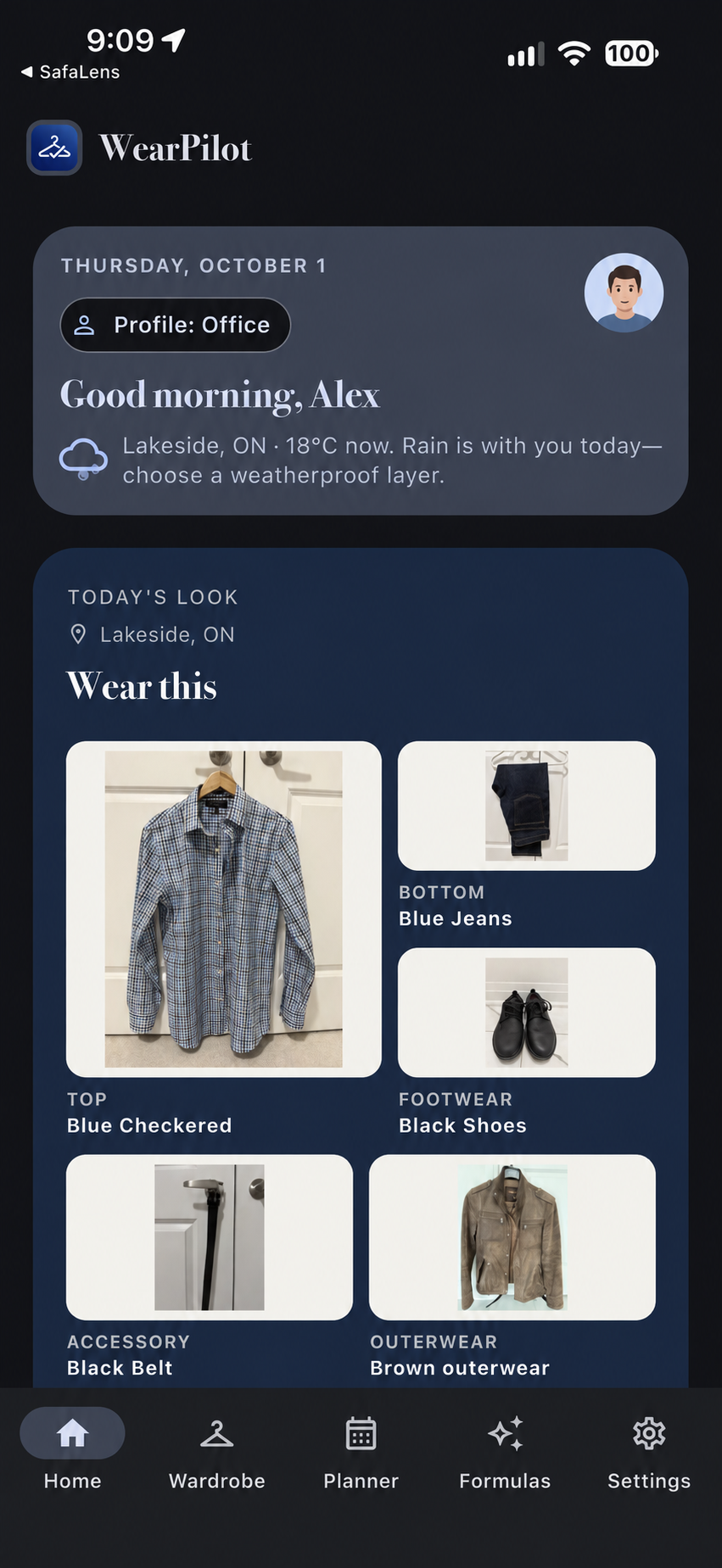 WearPilot Home screen showing an anonymized outfit recommendation