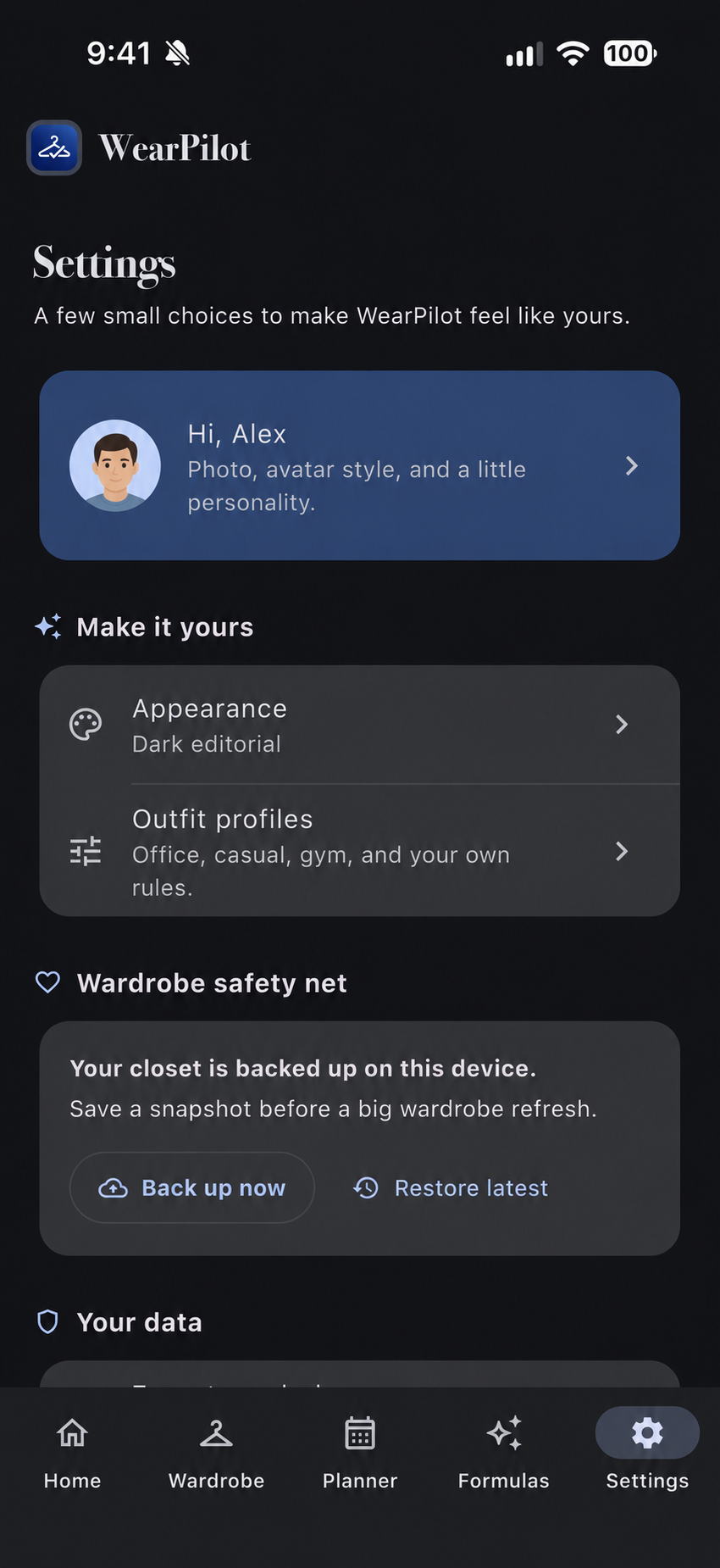 WearPilot Settings screen with fictional avatar and name